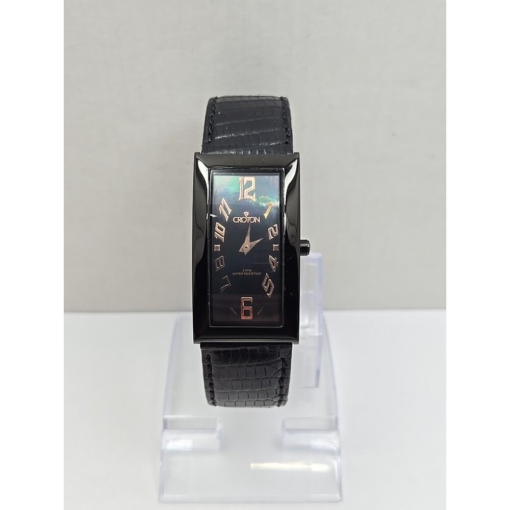 Womens Croton Aristocrat Deco Curve 23mm Black MOP Dial Lizard Watch New Battery